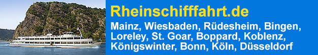 Rheinschifffahrt.de – Mainz, Wiesbaden, Eltville, Rüdesheim, Ingelheim, Bingen, Assmannshausen, Lorch, Bacharach, Oberwesel, Loreley, St. Goar, Boppard, Braubach, Lahnstein, Koblenz, Linz am Rhein, Remagen, Königswinter, Bonn, Köln, Düsseldorf.